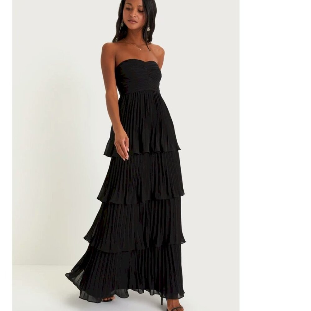Lulus Seriously Sensational Black Strapless Pleated Tiered Dress Small New NWT